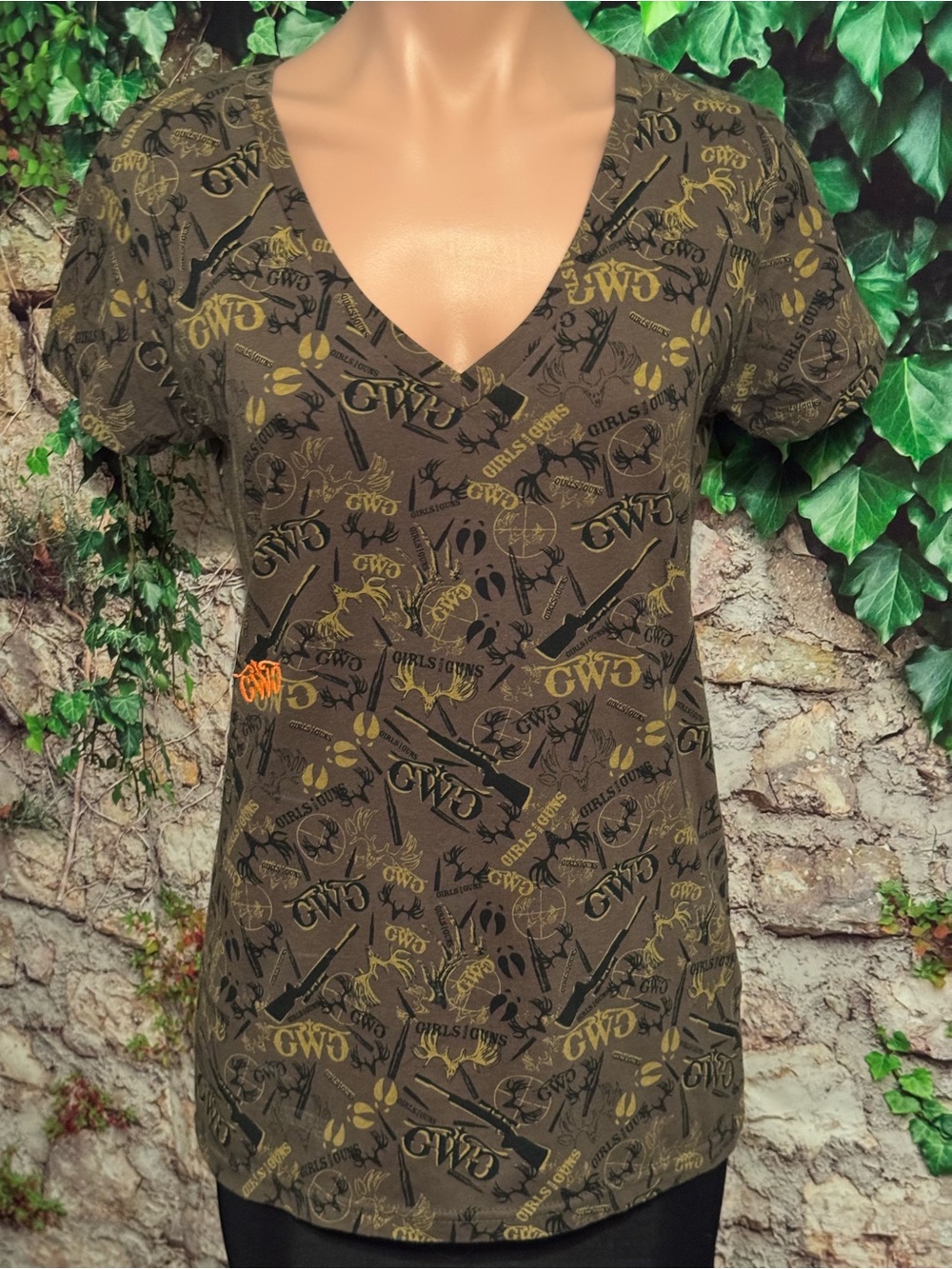 Girls With Guns Army Green Firearm Graphic V-Neck Fitted Tee